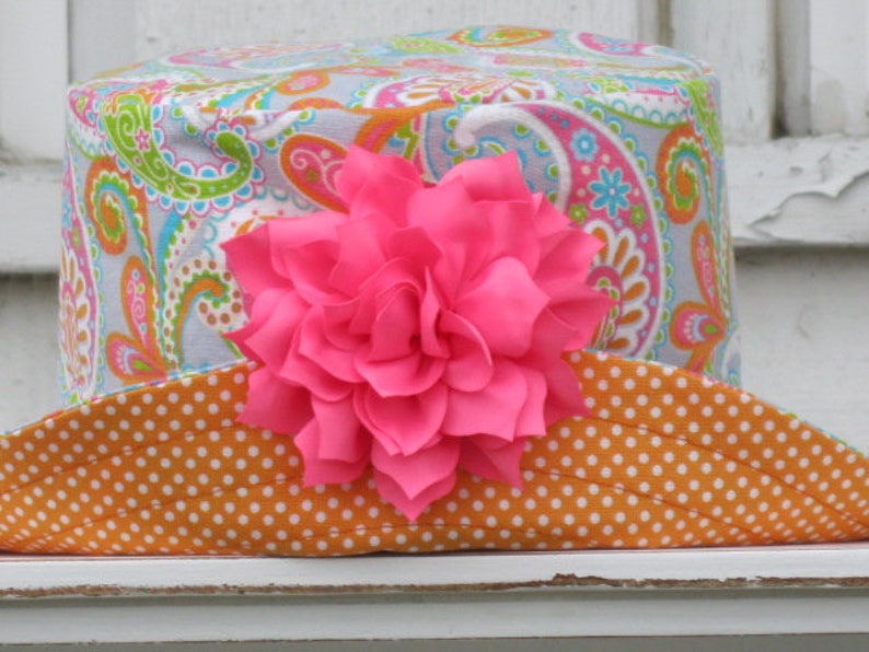 Green /& Teal Print Orange with White Polka Dot Brim Child/'s Size Medium Pink Girl/'s Wide Brim Cotton Sun Hat Gray