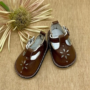 Brown doll shoes with t strap and buckle for 14 to 15 inch dolls.  All clothes and doll accessories are ready to ship