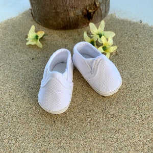 White canvas slip on sneakers for 14 to 16 inch dolls. All doll clothes and accessories are ready to ship