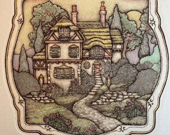 Rose Cottage Etching - limited edition - hand colored - wall art
