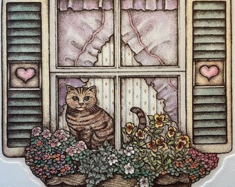 Cat in the Window, Etching Limited Edition, hand colored, Alice Scott-Morris, vintage
