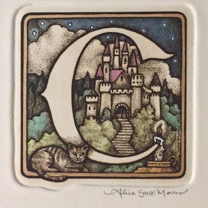 Letter C, 3"x 3" size Etching Castle, Cat Etching, baby gift, birthday gift, C initial, Alice Scott Morris, children's decor