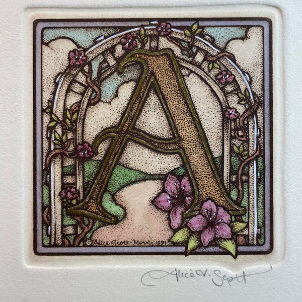 Etching Letter A - 3"x3" - Alice's Alphabet - Personalized - Hand colored - Birthday gift - Baby gift - Family initials