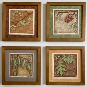 4 Nature Series Art Prints - 8"x8" - Giclee - Unframed - Craftsman Bungalow Art - Mission Style - Ginkgo - Pinecone- Oak - Eucalyptus