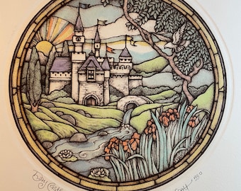 Day Castle, Etching Limited Edition, hand colored, stained glass style