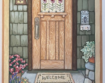 Welcome Home, Front door, Craftsman bungalow, Mission style, 8" x 10", fine art print, giclee