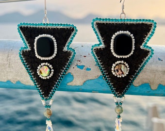 Abalone Beaded Black Fish Skin Earrings with Swarovski Crystal and Jade Dangles