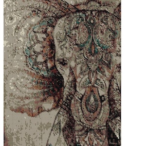 Puede incluir: Una detallada obra de arte en mosaico que representa la cabeza y la parte superior del cuerpo de un elefante. El mosaico utiliza una paleta de tonos marrones, turquesas y beige. El texto "memory keeper" está en la esquina superior izquierda.