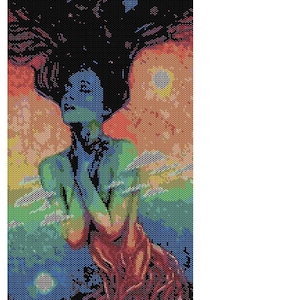 May include: A colorful beaded artwork depicting a woman with her hair flowing upwards, resembling a tree with roots. The background features a starry sky and a sunset.