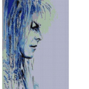 May include: A blue and white pixelated portrait of a person with long hair. The background is a light gray.