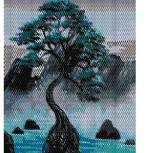 May include: A pixelated image of a bonsai tree with teal-colored leaves and a dark, winding trunk. The tree is set against a backdrop of a misty blue lake and dark rocks. The text "zen space" is in the upper left corner.