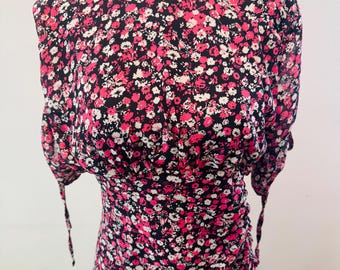 Y2K Floral Midi Dress • 90s Inspired Ruched Black Pink Slip Summer Dress