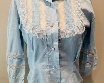 Vintage 70s Blue Lace Blouse: Fitted Cotton Top, XS