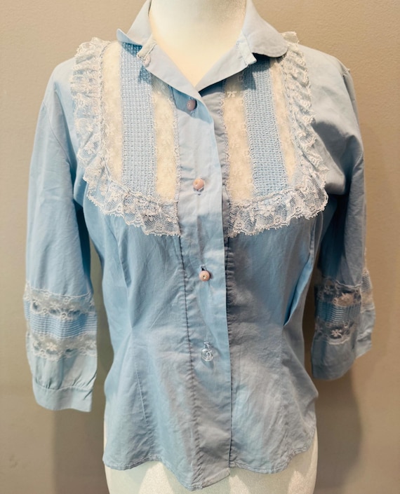Vintage 70s Blue Lace Blouse: Fitted Cotton Top, XS - Etsy