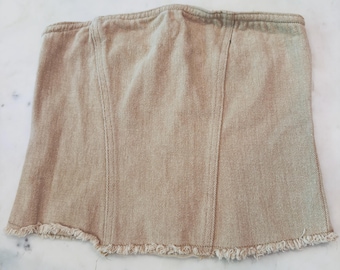 Strapless Tan Denim Bustier Top: Frayed Hem, Non-Slip Grip