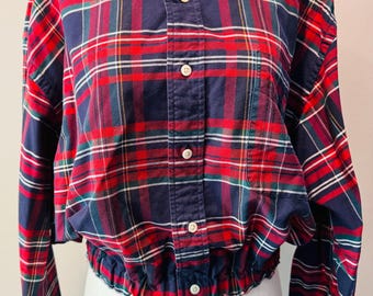 Y2K Cropped Plaid Shirt Medium | Upcycled Oxford Button Down | Elastic Waist Retro Polo Top