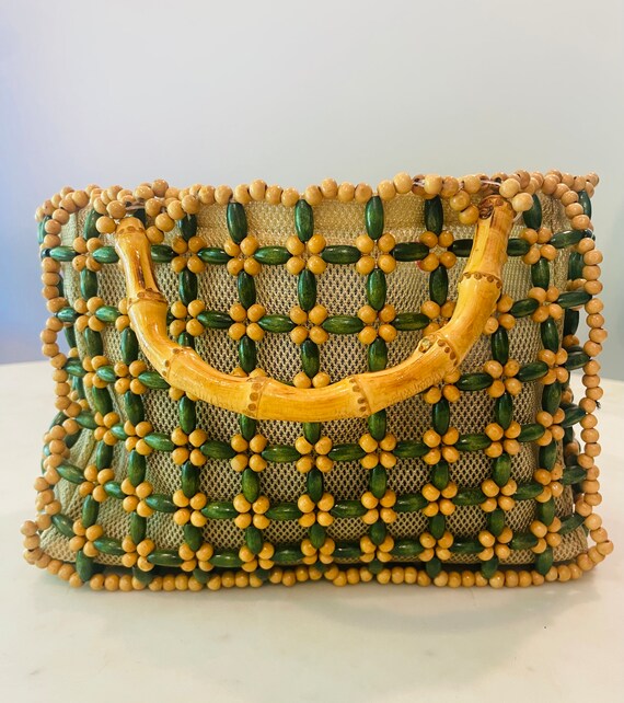 Vintage Beaded Purse with Bamboo Handle, Summer Be