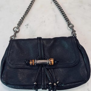 Authentic Vintage Gucci Croisette Bamboo Black Leather Evening Bag – Designer Shoulder Purse – Pre-Owned Luxury Handbag