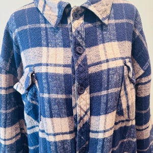 Vintage Plaid Linen-Cotton Shacket: Oversized Blue Tan Jacket, Size XL