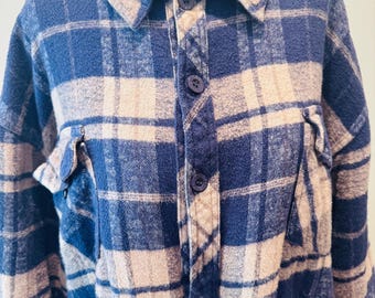 Chaqueta vintage de lino y algodón a cuadros: Chaqueta extragrande azul claro, talla XL