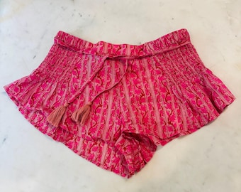 Free People Y2K Boho Floral Micro Shorts • Pink Smocked Tassel Waist • Size S