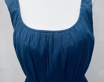 Vestido midi vintage de algodón azul marino: estilo bohemio cottagecore sin mangas