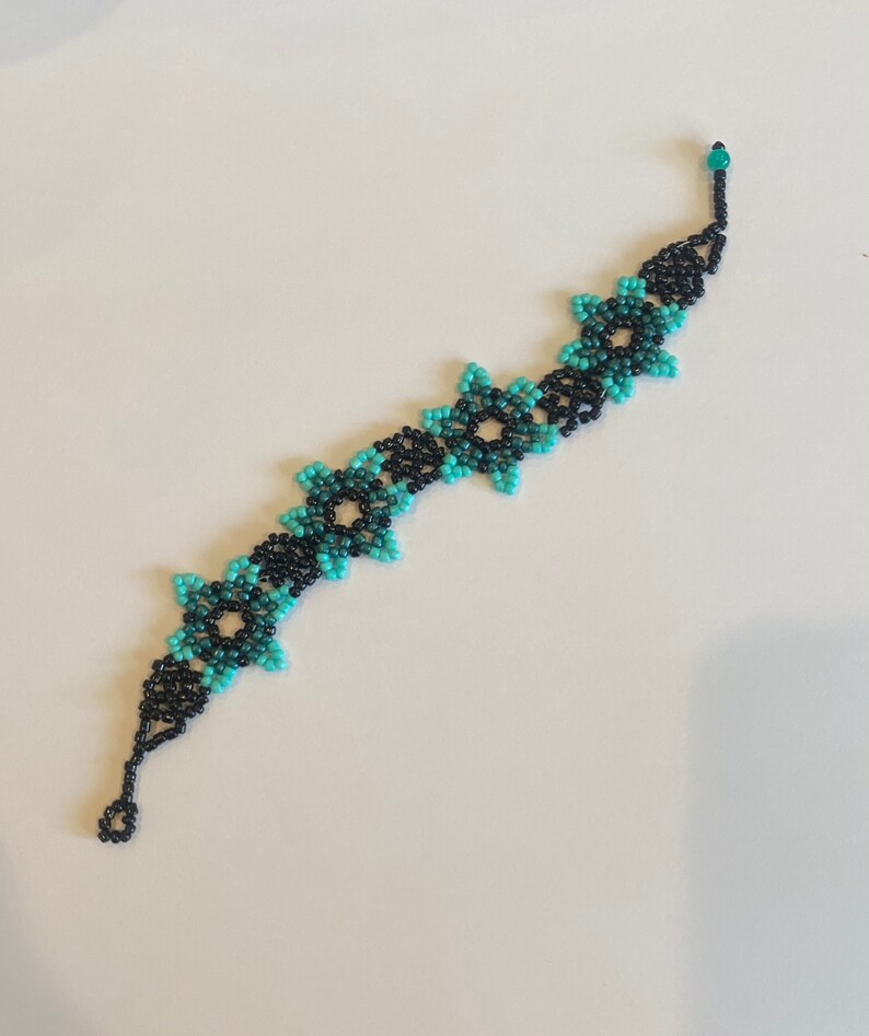 Beaded Teal and Black Flower Bracelet