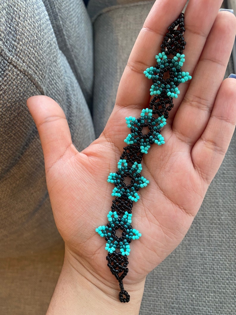 Beaded Teal and Black Flower Bracelet