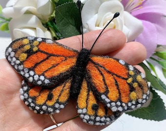 Needle Felted Monarch Butterfly Brooch: Handmade Wool Pin