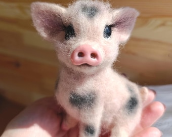Needle Felted Piglet Sculpture: Handmade Wool Piggy Gift