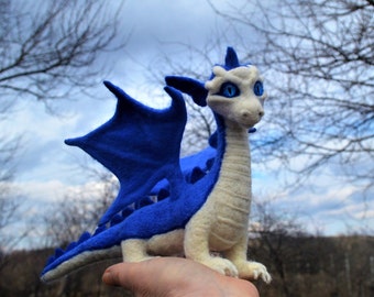 Needle felted dragon, Blue dragon with wings, Dragon figurine, Fairy dragon felted, Felted fairy hero, Cute present for dragon lover