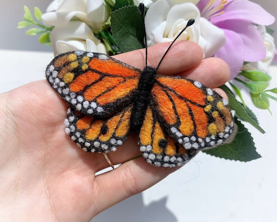 Needle Felted Monarch Butterfly Brooch: Handmade Wool Pin