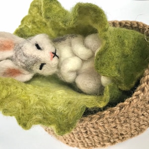 Needle felted hare, Felt sleeping rabbit with a cabbage leaf and crochet basket, Felted sleeping bunny, Needle felted bunnyGift for girl