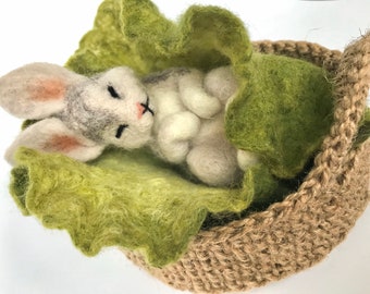 Needle felted hare, Felt sleeping rabbit with a cabbage leaf and crochet basket, Felted sleeping bunny, Needle felted bunnyGift for girl