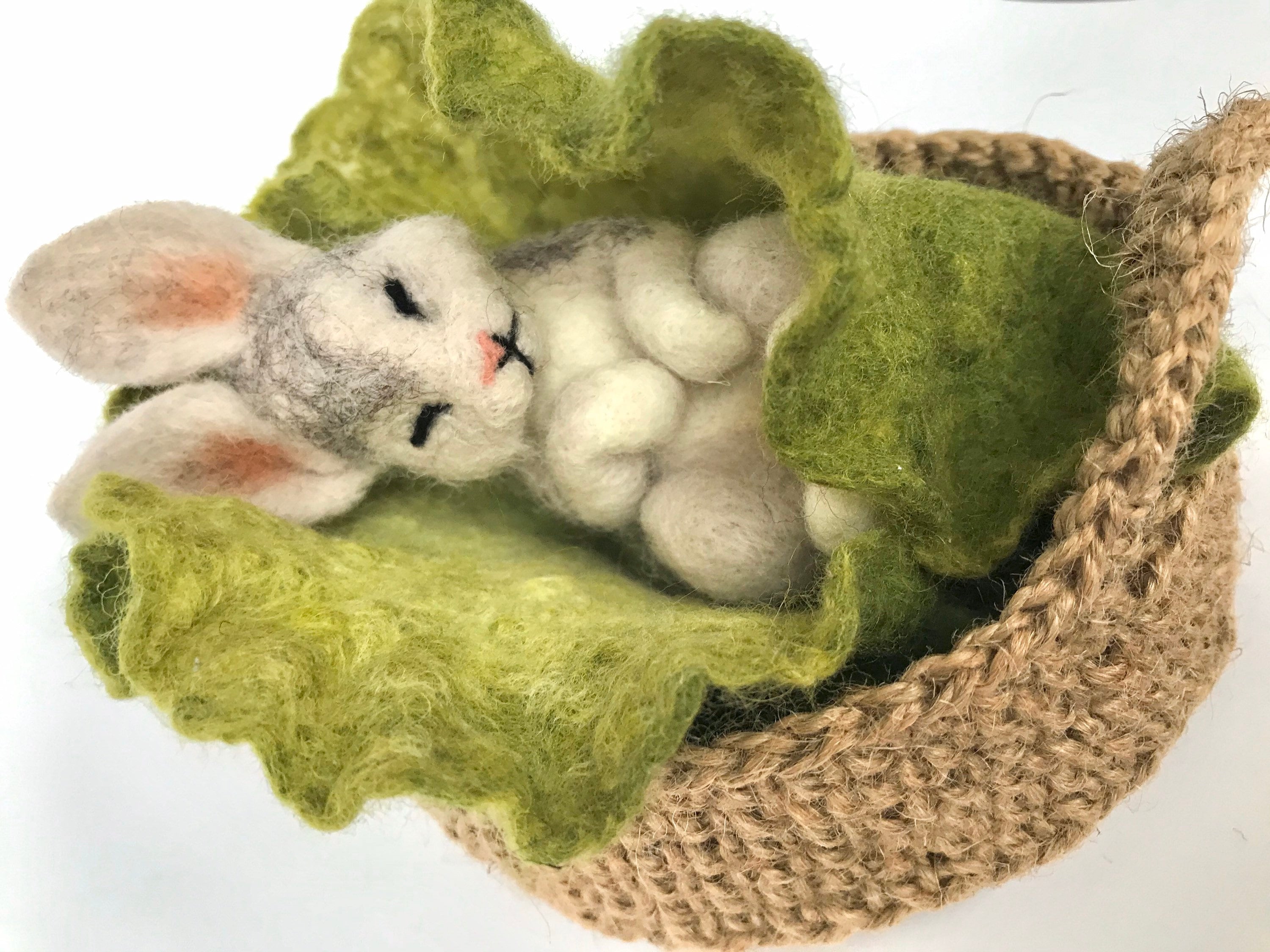 Needle Felted Sleeping Bunny in Crochet Basket