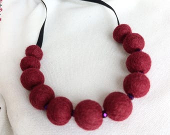 Felted Necklace, Modern Folk Jewelry, Wool Ball Necklace, Burgundy Accessories