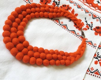 Red Felt Ball Necklace, Handmade Wool Boho Jewelry, Ukrainian Folk Gift