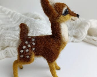 Needle Felted Fawn Sculpture, Baby Deer Fugurine: Handmade Wool Christmas Decor