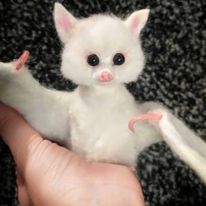 Needle Felted White Bat: Handmade Wool Animal Sculpture