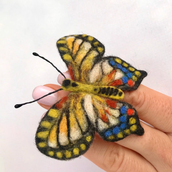 Machaon butterfly brooch, Wool felted pin