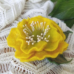 Yellow Felted Flower Brooch: Handmade Merino Wool Pin