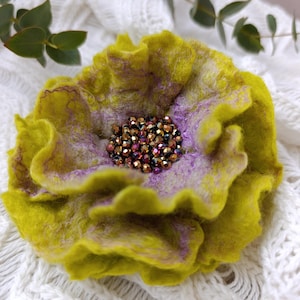 Felted Flower Brooch: Handmade Merino Wool Pin, Green & Purple