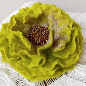 Large felted brooch, Light green flower brooch with shining beads, Felted flower XL size, Wool felted brooch,