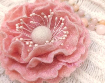Handmade Merino Wool Felt Flower Brooch, Light Pink Wedding Pin