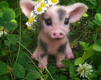 Needle Felted Piglet Sculpture: Handmade Wool Piggy Gift