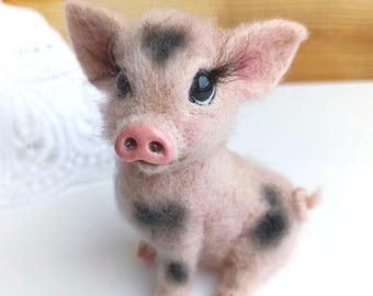 Needle Felted Piglet Miniature: Handmade Wool Sculpture