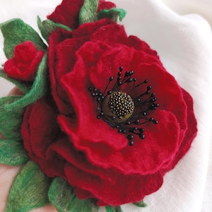 Broche grande de amapola de fieltro: joyería de flores de lana hecha a mano