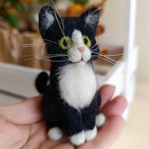Needle felted tuxedo cat, Felted black kitten, Cat miniature, Felted kitten, Black white cat, Felted kitty figure, Tiny collection