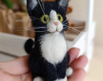 Needle Felted Tuxedo Cat Miniature: Handmade Merino Wool Kitty