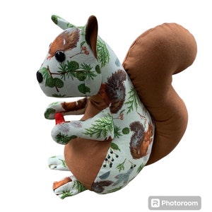 May include: A plush squirrel doorstop with a brown tail and a green, brown, and white patterned body. The squirrel is holding a red acorn in its paw.